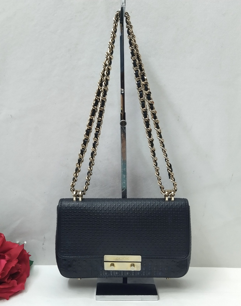 Carolina Herrera Black Leather Pushlock Chain Strap Crossbody Shoulder Bag